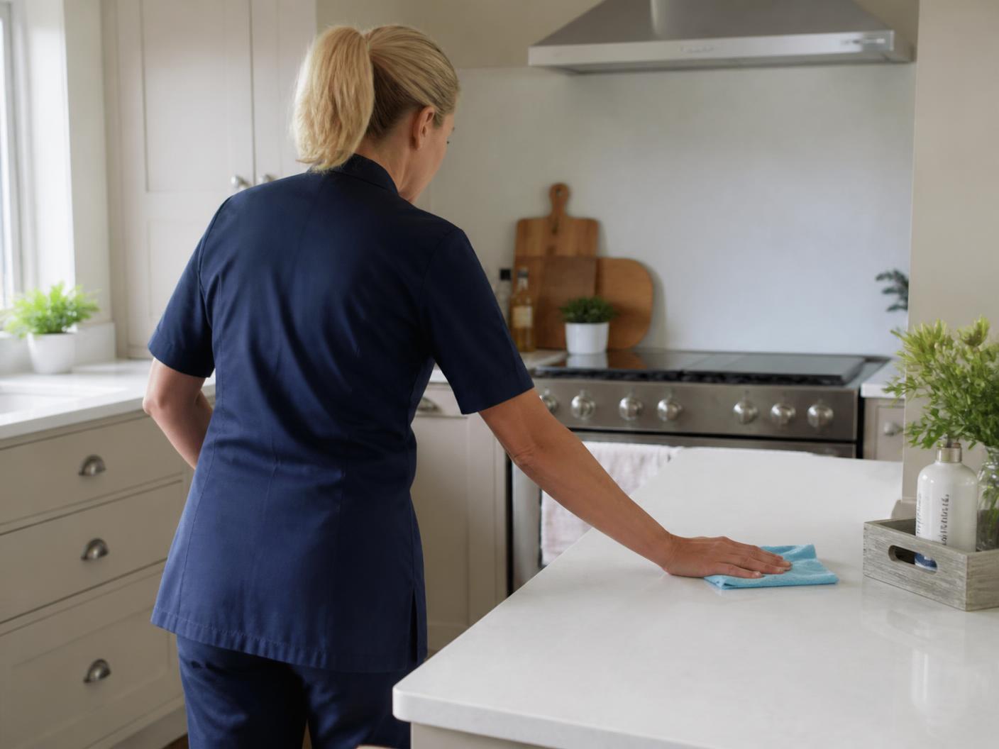 Cleaner in uniform wiping down a worktop in a tidy home kitchen