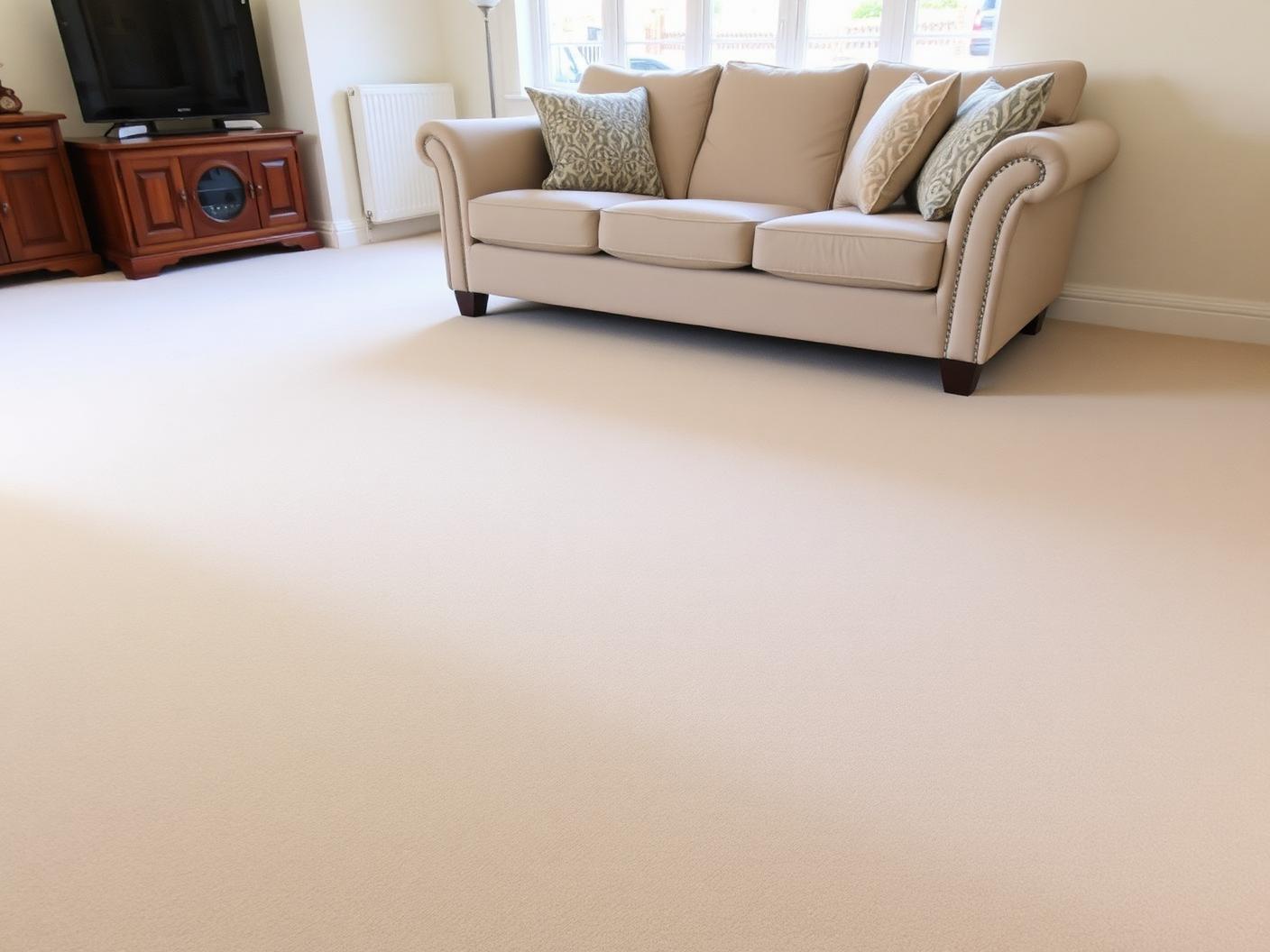 Freshly cleaned pale carpet and sofa in a bright living room