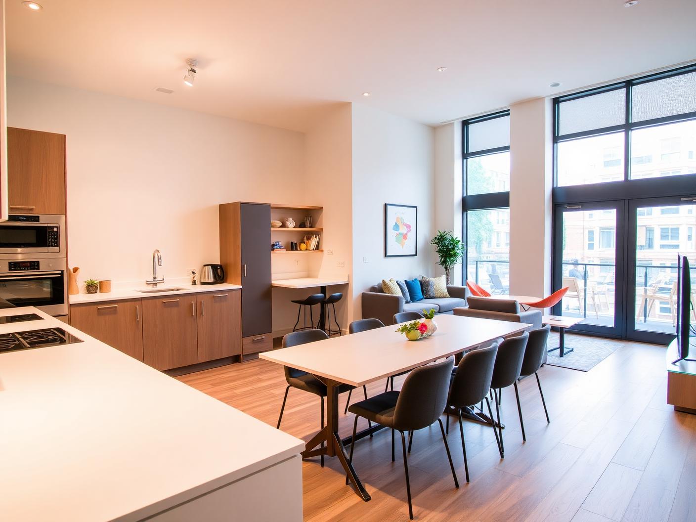 Shared kitchen and lounge in modern student accommodation